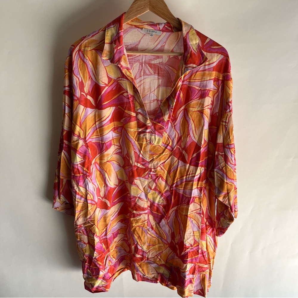 Z Supply Viscose Linen Tunic Sz Lg Women’s Hawaiian Floral Orange Pink EUC